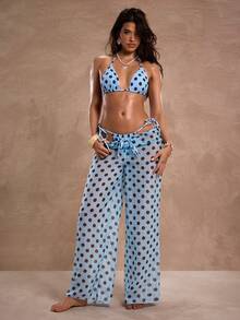 SHEIN BAE Women's Chiffon Cover-Up, Elegant Sexy Casual Polka Dot Sheer Beach Outfit, Low Waist Wide Leg Pants,Summer,Spring Break Outfits ,Valentine's Day,Beach ,Beach Outfits For Women ,Beach Outfit ,Birthday,Going Out,Polka Dots, Blue Polka Dots, Polka Dot  Pants , Beach Pants ,2026 Summer New Beachwear, Beach Party - Blue - View 5