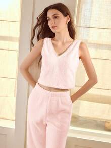 MOTF PREMIUM FAUX PEARL BEADED PLUSH COMFORTABLE PAJAMA SET - Pink - View 5