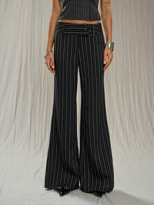 SHEIN Unity Quần tây nữ màu đen sọc, cạp thấp, cài hai hàng khuy, kiểu dáng retro, ống rộng loe, thích hợp mặc đi làm và dạo phố, mùa hè. - Đen và trắng - Xem 3