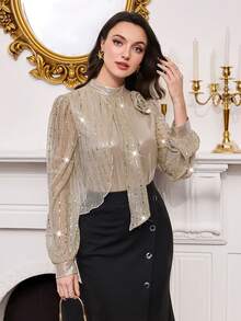 Modelyn Elegant Women's Long Sleeve Shirt With 3D Floral Design And Metallic Glitter Accents - Gold - View 4