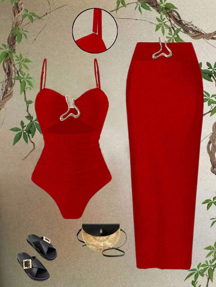 Swim Oasis 2pcs/Set Women Red Hollow Out Bandeau Strap Swimsuit & Beach Cover Up Skirt Set, 2025 New Leisure Summer Holiday Outfit - Red - View 1
