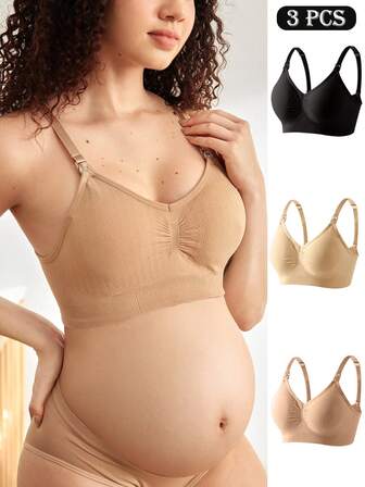 Moonlight & Mama 3pcs Maternity Solid Color Ruched Nursing Comfortable Bras Set