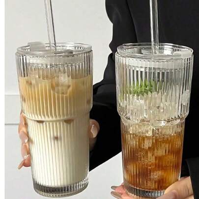 1 pieza, Vaso de vidrio a rayas con pajita y tapa - 20.29oz/600ml, Vaso de vidrio visualmente atractivo apto para café, té, leche, americano helado y bebidas con leche, vaso de vidrio