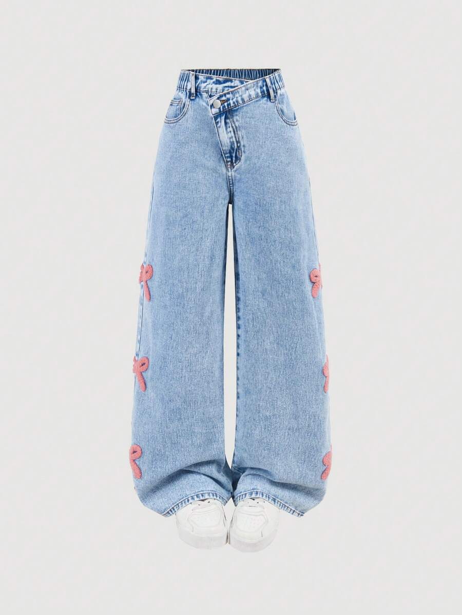 13-16Y Teen Girls Y2K Style Side Flocked Bow Denim Wide Leg Jeans, Cute And Playful Pink Design, Elastic Waist, Soft Cotton Denim Fabric, Suitable For Casual, Street Style, Daily Outfits, City Walks, Parties, Travels, New 2026 Collection - Light Wash - View 1