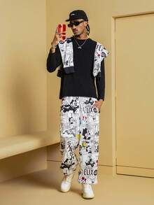 Felix The Cat X SHEIN Men's Casual Fashion Street Cartoon Pattern Drawstring Waist Slant Pocket Loose Tapered Leg Pants - White - View 2