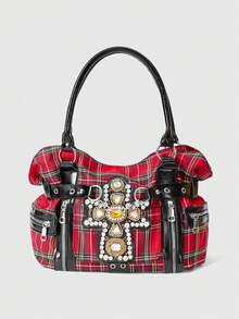 ROMWE Grunge Punk Punk Style Cross Zipper Design Large Capacity Tote Bag - Big red - View 2