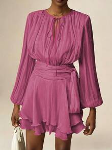 Vesra 杏色系带长袖荷叶边下摆设计女式短款连衣裙 - 中紫紅色 - 查看 5