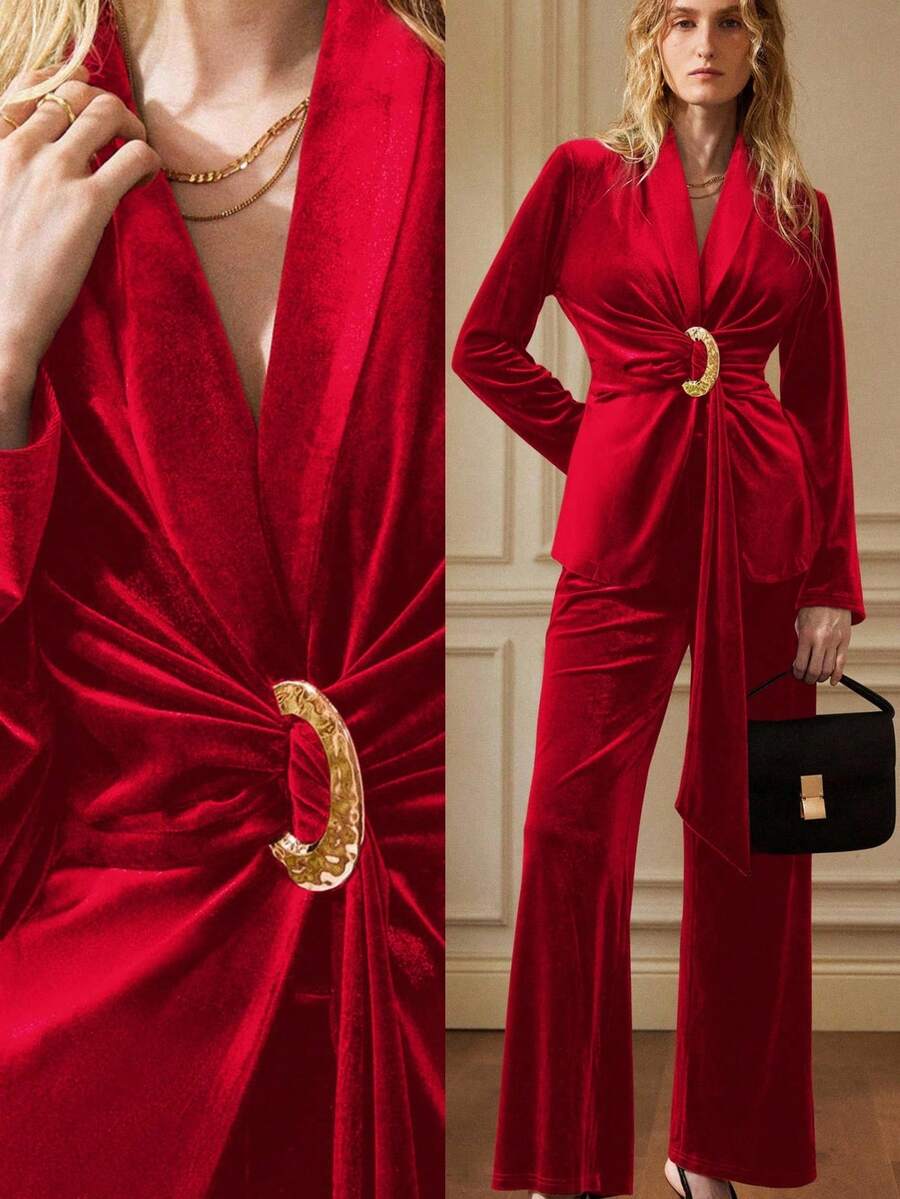 Écloséra 2pcs/Set Women Soft Velvet Fitted Loose Casual Commuting Party Event Festival Outfit - Burgundy - View 1