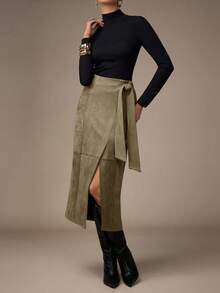 NOVVYNE Women's Solid Color Minimalist Casual Tie Waist Skirt Wrap Around Skirt Khaki Skirt Women High Slit Skirt Asymmetrical Skirt Split Thigh Skirt - Khaki - View 5