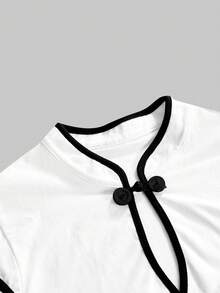 ROMWE Avant Spring/SummergraphicwhiteRetro New Chinese Style Mandarin Collar Dragon & Chinese Character Print Tight Fitted Top - Beige - View 3