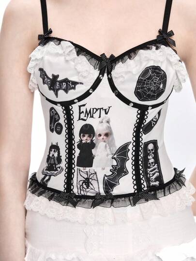 Gothic dunkle Puppen-Muster Applikation bestickte Spitze durchsichtiger Bodysuit