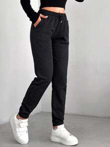 EURMUSE Solid Drawstring Waist Slant Pocket Sweatpants - Dark Grey - View 5
