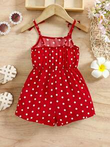 SHEIN 女童休闲可爱碎花连体裤，适合度假和购物，春夏款 - 紅色 - 查看 2