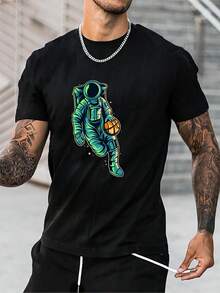 Versatile Baggy Short Sleeve T-Shirt With Fun Basketball Print, Ideal For Vacation, Work And Use - Black 6 - View 1