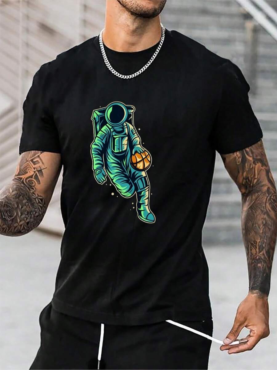 Versatile Baggy Short Sleeve T-Shirt With Fun Basketball Print, Ideal For Vacation, Work And Use - Black 6 - View 1