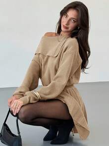 Aloruh 卡其色秋季優雅獨特女款酒紅色羊毛針織修身 A 字百褶單肩斜領長袖毛衣洋裝 - 卡其色 - 查看 4