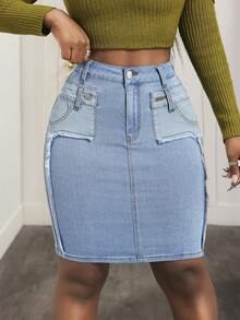 Slaydiva Dam Casual Daglig Pendling Mode Street Chic Rå Kant Patchwork Åtsittande Denim Minikjol, Sommar - Blå - Visa 1