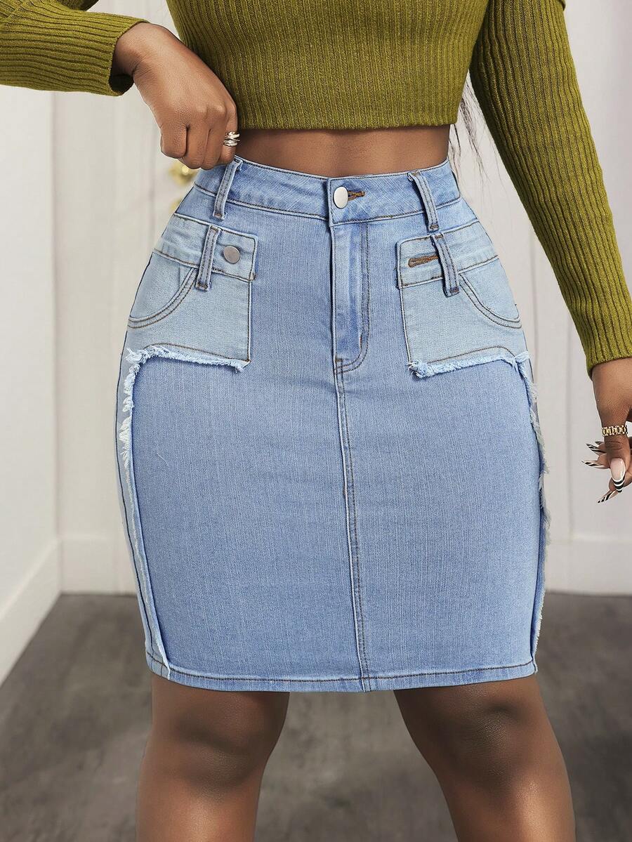 Slaydiva Dam Casual Daglig Pendling Mode Street Chic Rå Kant Patchwork Åtsittande Denim Minikjol, Sommar - Blå - Visa 1