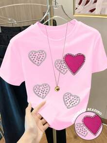 Resyla 女士休闲百搭心形串珠圆领短袖T恤 - 粉色 - 查看 1