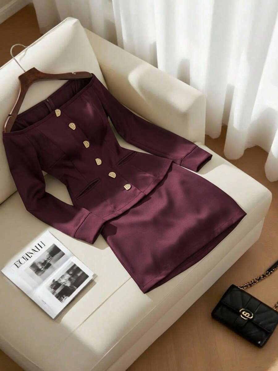 Modelyn Damen Metall Einreiher Off-Shoulder Langarm Bluse und Midi Rock elegantes 2 Stücke Set - Bordeaux - Übersicht 1
