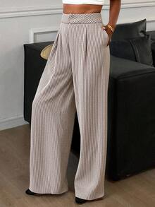 DAZY Women's Casual Striped Print Loose Wide Leg Pants With Side Pockets, Suitable For Vacation, Daily Wear, And Commuting - Apricot - View 1