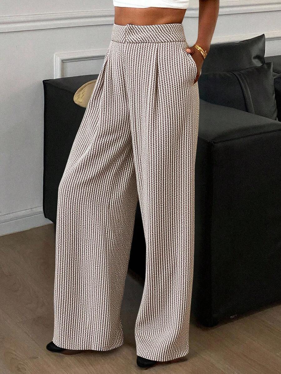 DAZY Women's Casual Striped Print Loose Wide Leg Pants With Side Pockets, Suitable For Vacation, Daily Wear, And Commuting - Apricot - View 1