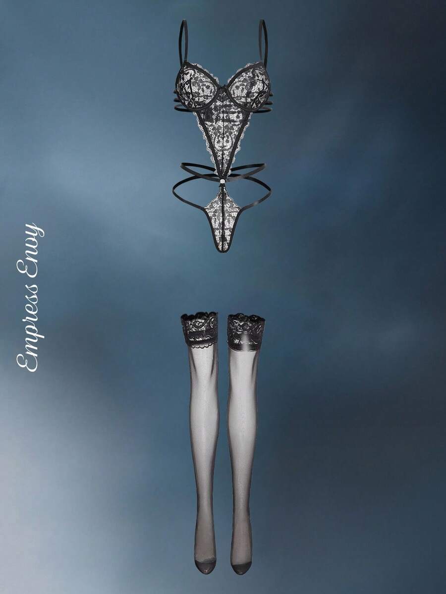 女士性感撞色蕾丝镂空连体衣搭配渔网袜内衣外衣外出