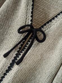 CosyJoli Áo len thường ngày cỡ lớn có nơ buộc và áo len cardigan viền màu tương phản - Xám - Xem 4