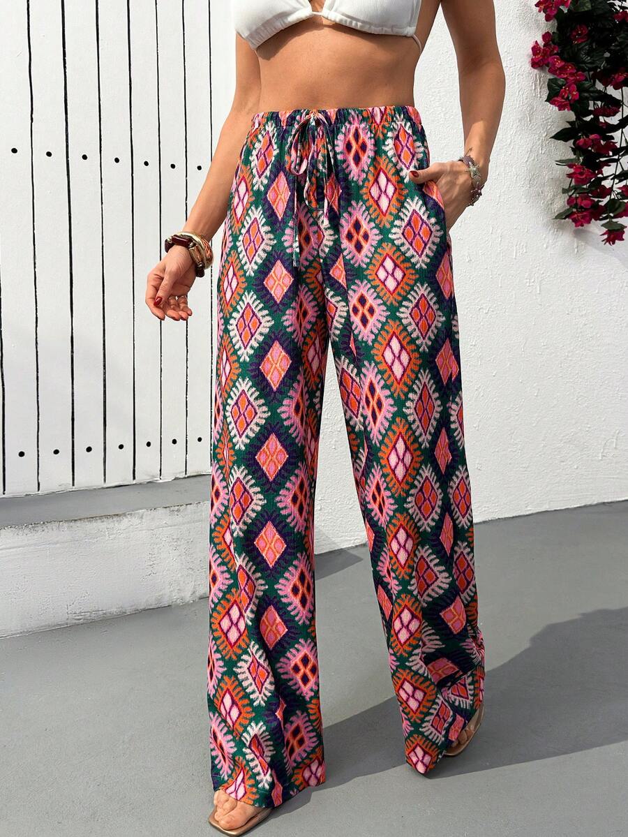 EURMUSE Women Printed Detailed Drawstring Wide Leg Pants - Multicolor - View 1