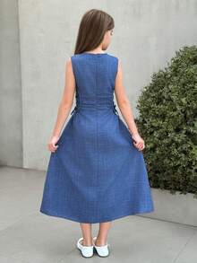 Firerie Kids Tween Girl Spring/Summer New Blue Ruched Fitted Elegant Round Neck Sleeveless Side Ruched Midi Dress, Traditional Arabic Clothing, Robe, Jalabiya, Abaya - Blue - View 2