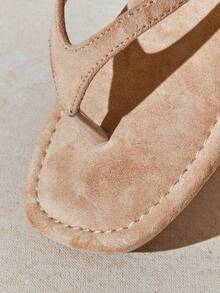 SHUZIA Women's Minimalist Comfortable Round Toe Kitten Heel Faux Suede Thong Sandal - Beige - View 5