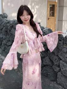 DAZY Women's V-Neck Ruffle Flare Sleeve Tie Front 2 Pieces Set, Summer - Purple - View 6