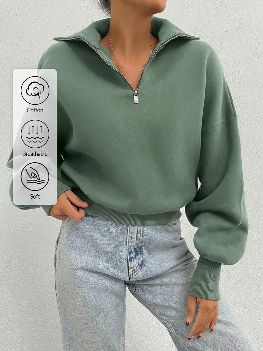 SHEIN Tall 100% Cotton Collar With Zipper Pattern Oversize Sweatshirt, Tall Women - Mint Green - View 1