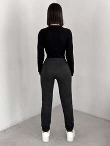 EURMUSE Solid Drawstring Waist Slant Pocket Sweatpants - Dark Grey - View 2