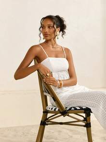 CAJUNI Ruffled Camisole And Elastic Waist Pants Set ,White Sundress For Women White Sun Dress For Women - White - View 1