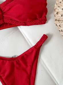 Swim Vcay 2pcs/Set Solid Color Ruched Decor Bandeau Bikini Set, Sexy Women Swimsuit For Spring/Summer Vacation Strapless Bikini Set Vacation Bikini Set Red Bikini Set Solid Color Bikini Set Tube Top With Bra Bandeau Bikini Top Strapless Shirts Strapless Bikini Tops Tube Top Bikini - Red - View 7