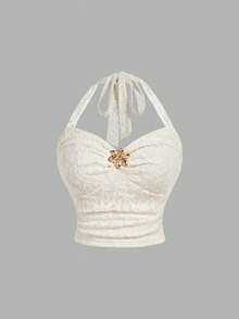 SHEIN MOD 大码女式蕾丝金属扣吊带上衣和长裙套装 - 杏色 - 查看 8