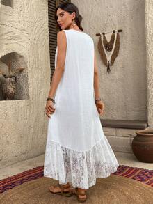 EMERY ROSE Abito midi senza maniche con minimalista in tinta unita e inserti in pizzo - Bianco - Visualizzare 2