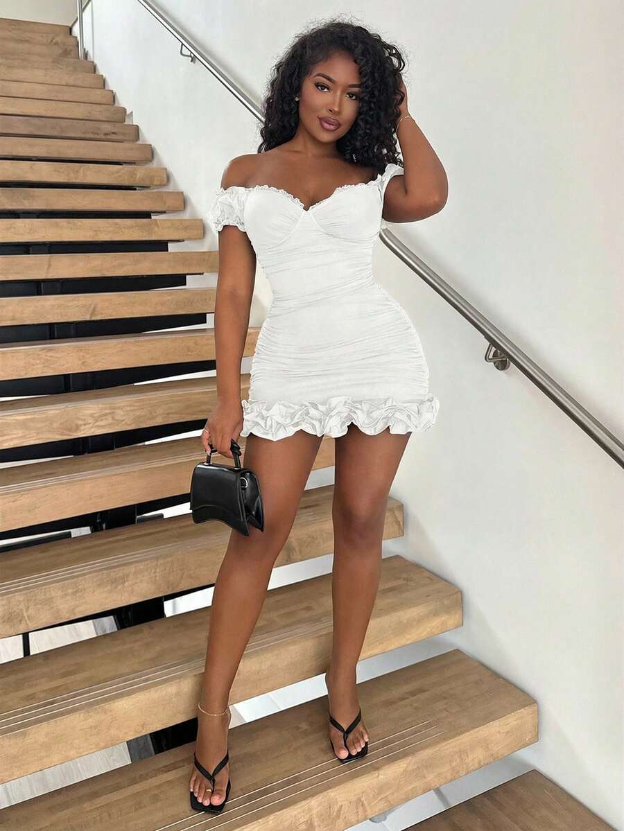 Alexandranx White & Summer & Sweet Date & Everyday Date & Goddess Day & Wedding Dress & Beach Vacation & Girly Fitted Ruffle Hem Cupped Lace Sleeve Flouncy Dress Organza Textured Hem Women's Short Mini Dress,White Graduation Dress - White - View 1