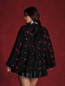 Viva Relle 大码优雅镂空心形刺绣领衬衫 - 黑色 - 查看 6