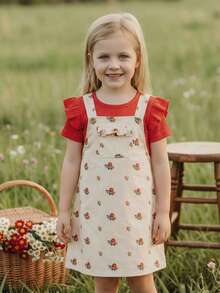 SHEIN 女童夏季休闲碎花连衣裙 女童/碎花连衣裙 女童夏季连衣裙 女童休闲印花连衣裙 女童/无袖连衣裙 女童复古风连衣裙 女童碎花图案连体连衣裙，带荷叶边口袋细节，适合休闲穿着 可爱碎花无袖贴袋连体连衣裙，完美日常穿搭 - 白色 - 查看 4