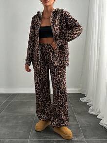 EURMUSE Women Leopard Printed Zipper Hooded Sweatshirt And Sweatpant Two Pieces Set - Brown - View 8