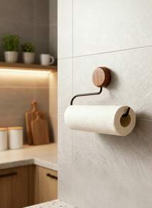 Cirelle 胡桃木厨房纸巾架 - 免钻孔壁挂式，吸油纸和保鲜膜收纳架 - 彩色 - 查看 1