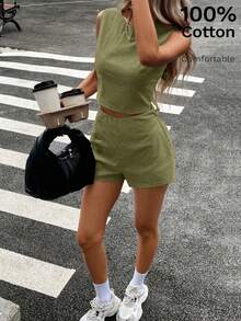 Siren Gaze Bộ đồ nữ mùa hè màu trơn gồm áo hai dây buộc sau lưng và quần short. - màu xanh lá - Xem 4