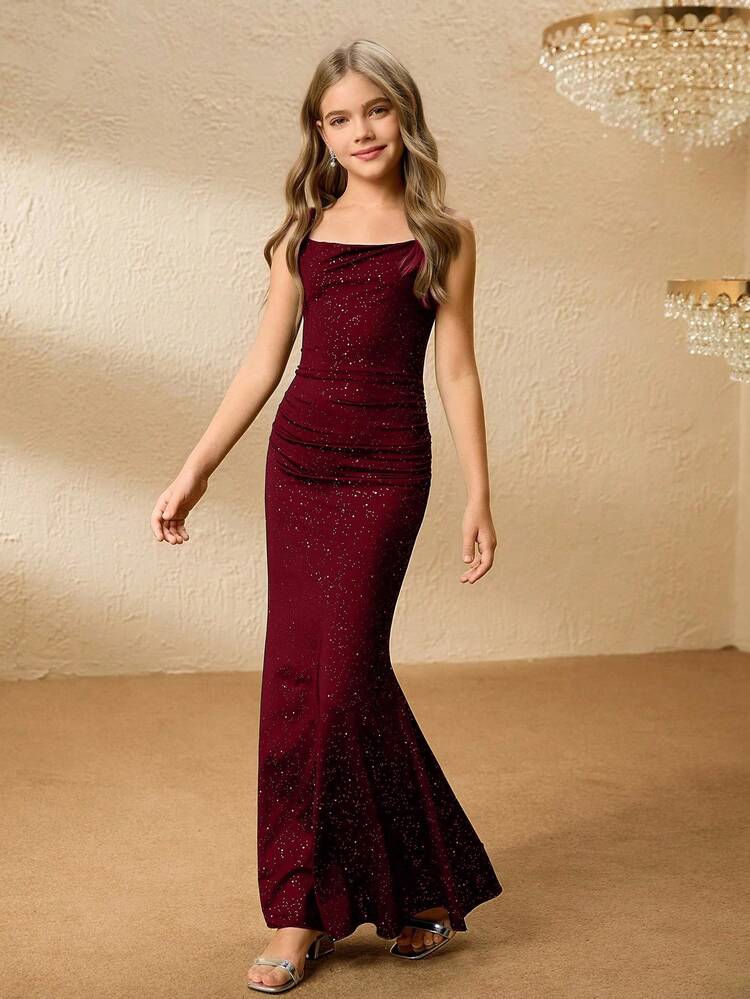 Girls' Elegant Luxurious Fashion Off Shoulder Sleeveless High Waist Long Metallic Foil Black Dress, Shiny Party Dress For Graduation, Prom, Christmas, Performance, Birthday Burgundy Junior Bridesmaid Dress Long Dress Glitter Teens Evening Dress Elegant For Girls Formal Dresses For Women - Burgundy - View 3