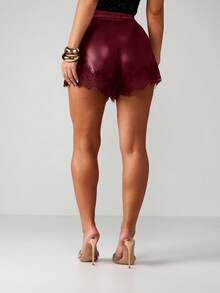 MISSGUIDED High Waisted Faux Leather Lace Trim Shorts Burgundy Floaty Festival Summer Evening Party Boho Chic Casual Feminine Style - Burgundy - View 2