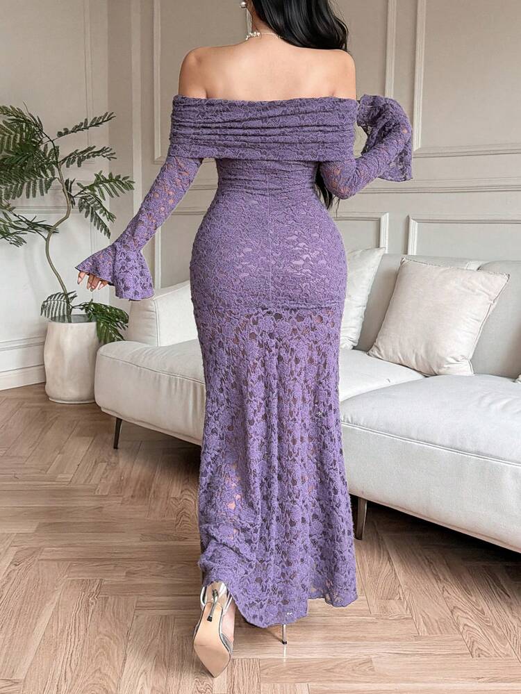 Women's Elegant Solid Color Lace Off-Shoulder Flare Sleeve Long Dress, Spring/Summer Easter