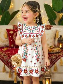 SHEIN Cute Floral Print, Baby Girls Flower Print Casual Dress, Suitable For Summer - Multicolor - View 7