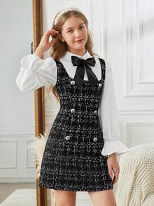 Vestido camisero de manga larga con bloques de color elegante y de moda para adolescentes - Negro - Ver 8