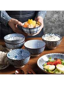 4 件/6 件日式釉下彩陶瓷饭碗、4.5 英寸汤碗、中国风陶瓷碗、沙拉碗、学校用品 - 彩色 - 查看 6